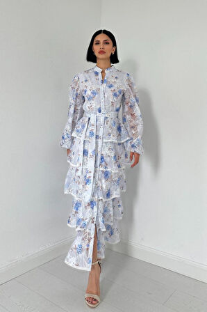 Mavi Valonlu Şeritli Kat Kat Elbise