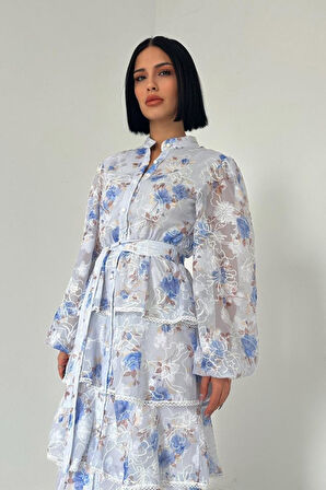 Mavi Valonlu Şeritli Kat Kat Elbise