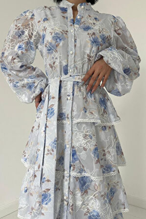 Mavi Valonlu Şeritli Kat Kat Elbise