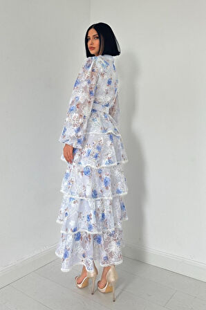 Mavi Valonlu Şeritli Kat Kat Elbise