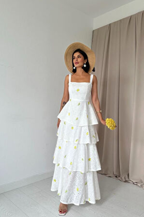 Sarı Kat Kat Arkası Bağlamalı Elbise