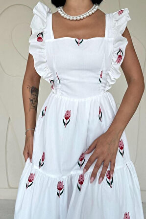 Kırmızı Sıfır Kol Fırfırlı Elbise