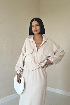 Bej Biyeli Sweatshirt Ve Etek Takım