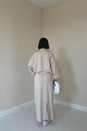 Bej Biyeli Sweatshirt Ve Etek Takım