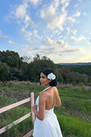 Ekru Askılı Keten Elbise