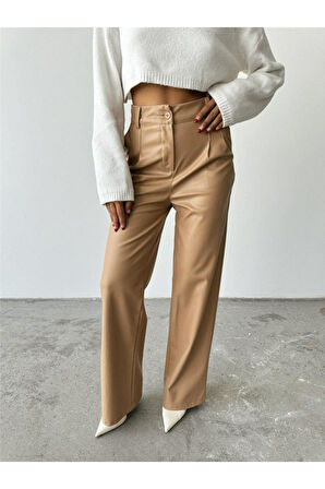 DERİ PALAZZO PANTOLON BORU PAÇA - Bej