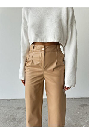 DERİ PALAZZO PANTOLON BORU PAÇA - Bej
