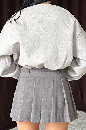 Gri Kısa Önü Fermuarlı Bomber Ceket