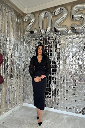 Siyah Kolları Şifon Arka Bel Detaylı Elbise