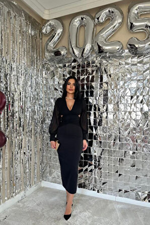 Siyah Kolları Şifon Arka Bel Detaylı Elbise