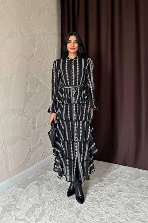 Siyah Uzun Volanlı Elbise