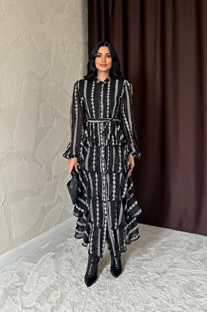 Siyah Uzun Volanlı Elbise