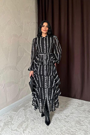 Siyah Uzun Volanlı Elbise