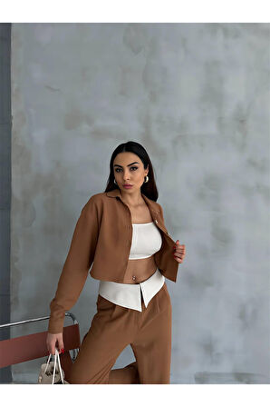 KETEN GÖMLEK-CROP-SALAŞ PANTOLON TAKIM - Kahverengi