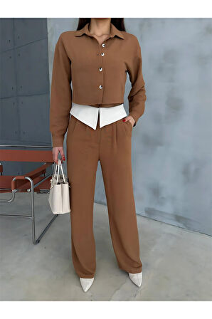 KETEN GÖMLEK-CROP-SALAŞ PANTOLON TAKIM - Kahverengi