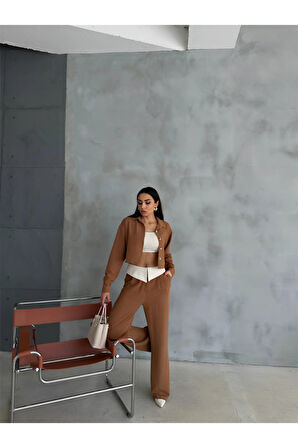 KETEN GÖMLEK-CROP-SALAŞ PANTOLON TAKIM - Kahverengi