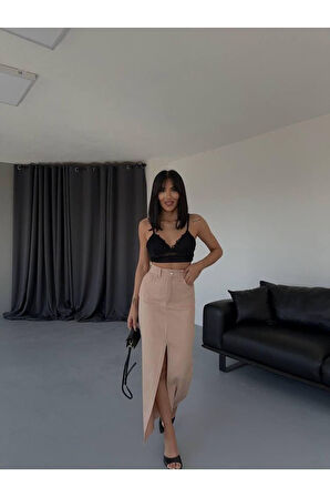 GABARDİN UZUN ÖNDEN YIRTMAÇLI ETEK - Kahverengi