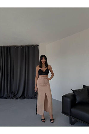 GABARDİN UZUN ÖNDEN YIRTMAÇLI ETEK - Kahverengi