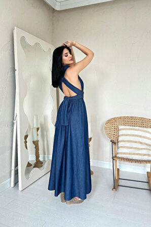 Mavi Tencel Bağlamalı Elbise