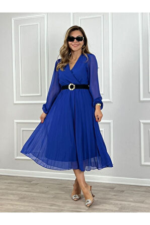 Kadın şifon Kumaş Astalı Kloş Kesim Kruvaze Yaka Midi Boy Elbise