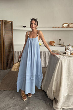 Mavi Askılı Müslin Elbise