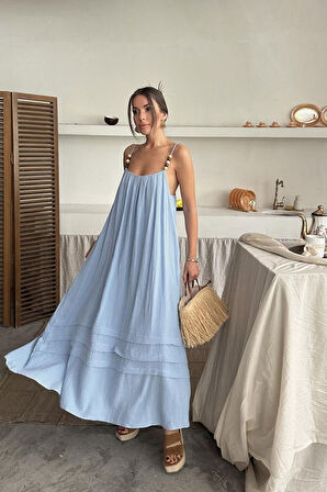 Mavi Askılı Müslin Elbise