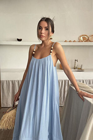 Mavi Askılı Müslin Elbise