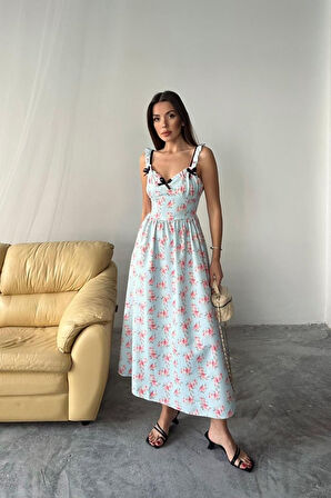 Bebe Mavi Önü Fiyonklu Çiçekli Elbise
