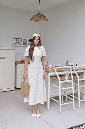 Sarı Dijital Baskılı Atlas Elbise