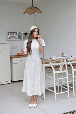 Sarı Dijital Baskılı Atlas Elbise