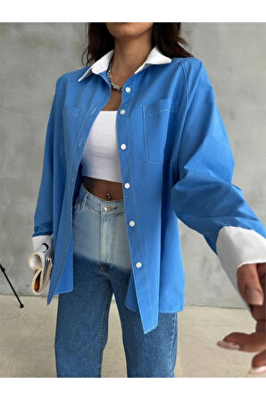 KOL VE MANŞET BEYAZ KAPALI PİLE DETAYLI GÖMLEK - Mavi