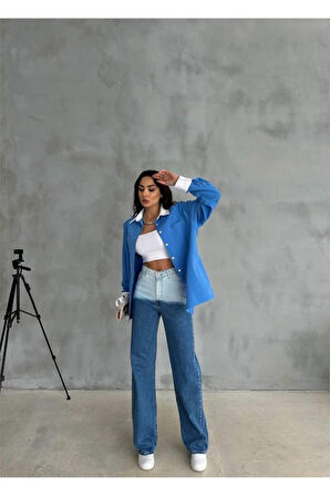 KOL VE MANŞET BEYAZ KAPALI PİLE DETAYLI GÖMLEK - Mavi