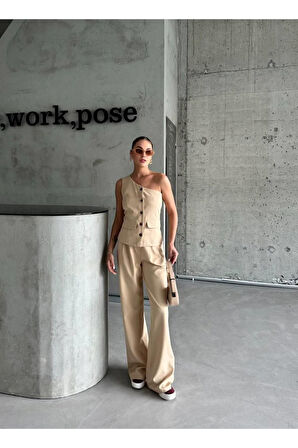 TEK KOL YELEK - PANTOLON TAKIM ATLAS - Bej
