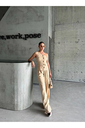 TEK KOL YELEK - PANTOLON TAKIM ATLAS - Bej