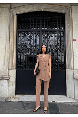 ÇİZGİLİ UZUN YELEK - PANTOLON TAKIM POLVİSCON - Kahverengi