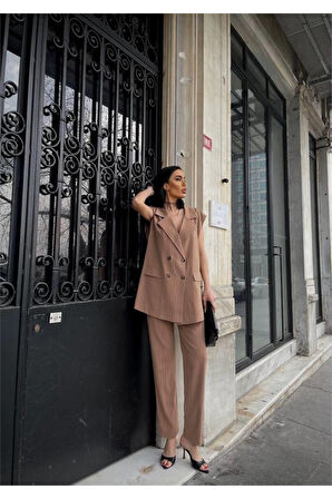 ÇİZGİLİ UZUN YELEK - PANTOLON TAKIM POLVİSCON - Kahverengi