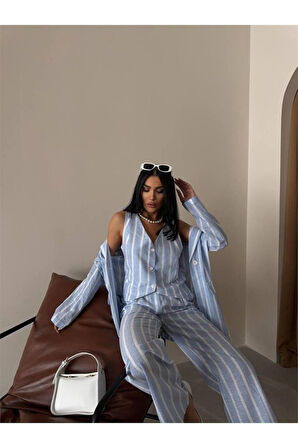 ÇİZGİLİ CEKET KETEN - Mavi