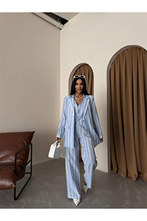 ÇİZGİLİ CEKET KETEN - Mavi