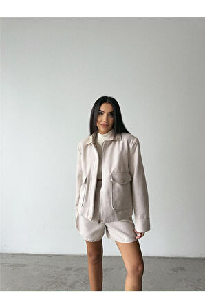 BALIKSIRTI KAŞE FERMUARLI CEKET KISA - Taş