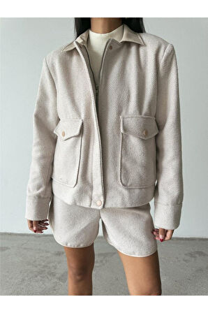 BALIKSIRTI KAŞE FERMUARLI CEKET KISA - Taş