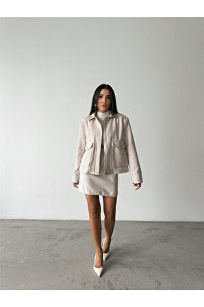 BALIKSIRTI KAŞE FERMUARLI CEKET KISA - Taş