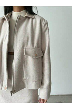 BALIKSIRTI KAŞE FERMUARLI CEKET KISA - Taş