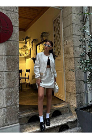 CHANEL CROP CEKET-KISA ETEK TAKIM - Beyaz