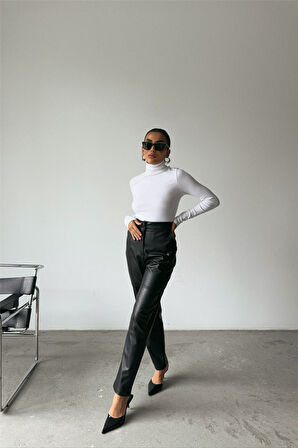 DERİ PANTOLON DİZ PARÇALI - Siyah