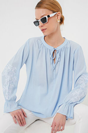 Nakışlı Örme Bluz 941 - Mavi