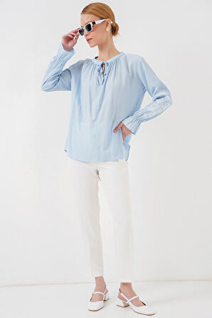 Nakışlı Örme Bluz 941 - Mavi