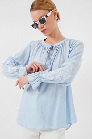 Nakışlı Örme Bluz 941 - Mavi