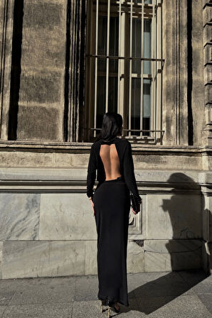 DEGAJE YAKA UZUN ELBİSE - Siyah