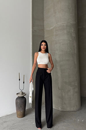 KAPALI GENİŞ PİLE CEP KAPAK DETAYLI PANTOLON - Siyah