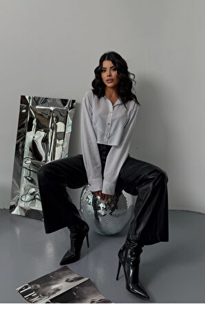 CROP GÖMLEK BEYAZ YAKA VE ETİKET DETAYLI - Beyaz